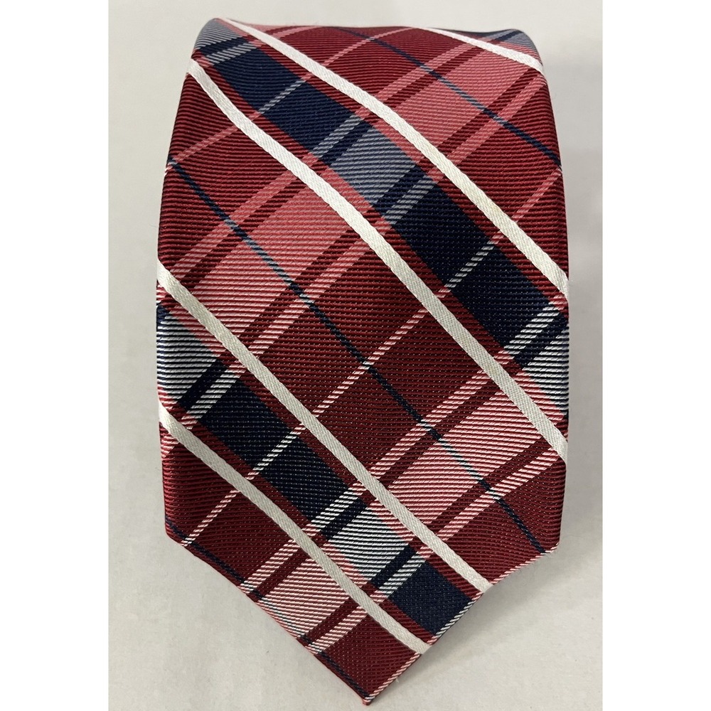 Tommy Hilfiger Men's Necktie Tie Silk Navy Blue Red White Light Blue Stripe